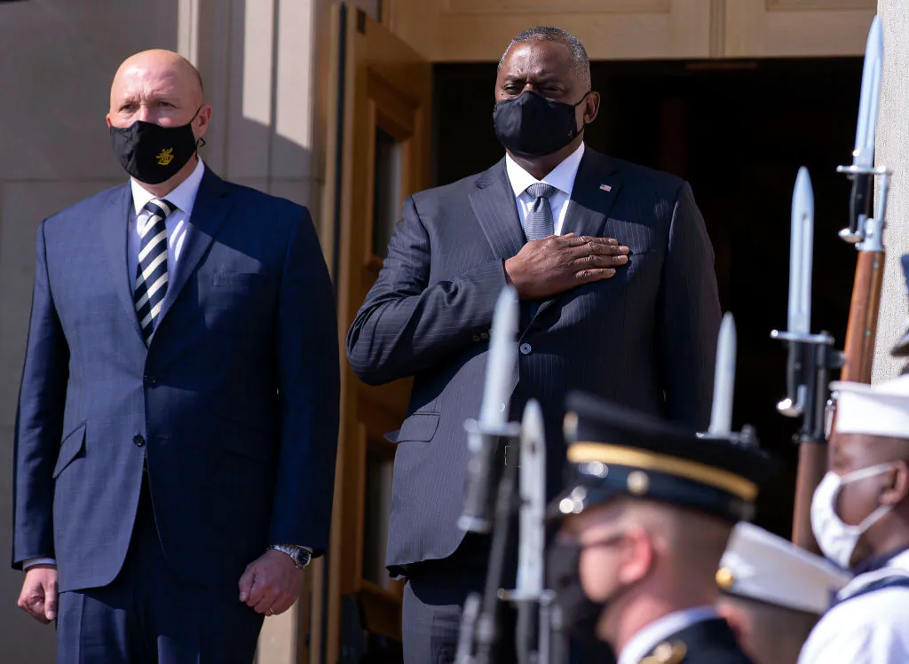 U.S. Secretary of Defense Lloyd Austin (R) and Australian Minister for Defense Peter Dutton stand for their national anthems during an honor cordon at the Pentagon in Arlington, Virginia, on Sept. 15, 2021 (Kevin Dietsch/Getty Images)