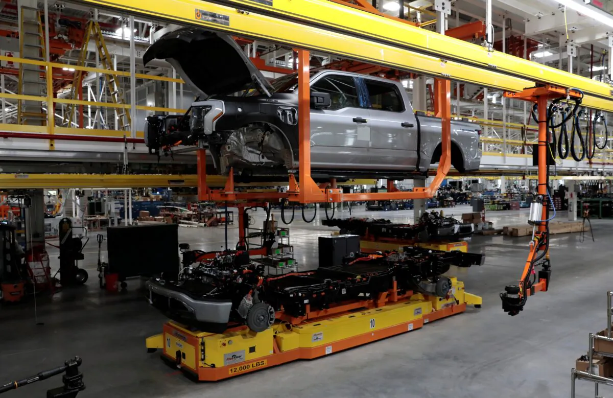 Parts of a Ford pre-production all-electric F-150 Lightning truck prototype are seen at the Rouge Electric Vehicle Center  in Dearborn, Mich., on Sept. 16, 2021. (Rebecca Cook/Reuters)