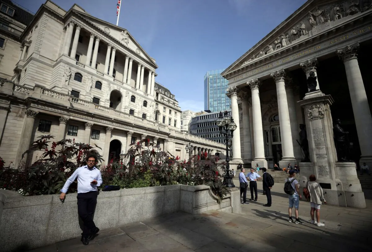 A person stands outside the Bank of England in London, Britain on Sept. 13, 2021. (Hannah McKay/Reuters)