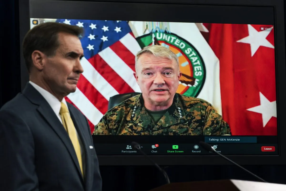 Gen. Frank McKenzie, Commander of U.S. Central Command, appears on screen as he speaks from MacDill Air Force Base, in Tampa, Fla., on Aug. 30, 2021. (Manuel Balce Ceneta/AP Photo)