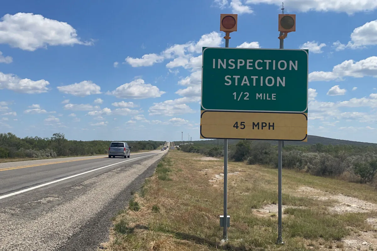 A sign near the closed Border Patrol highway checkpoint on Highway 90 near Uvalde, Texas, on Sept. 17, 2021. (Charlotte Cuthbertson/The Epoch Times)