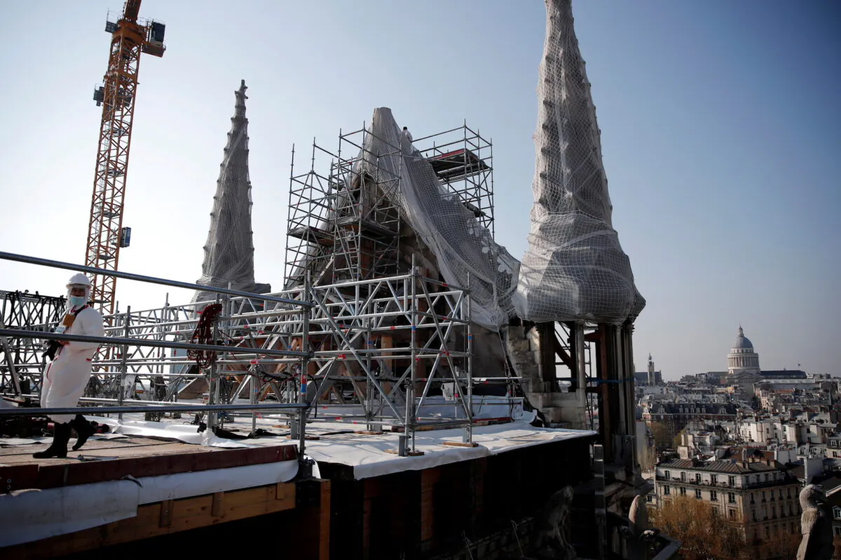 The reconstruction site of the roof of the Notre-Dame de Paris Cathedral in Paris, France, on April 15, 2021. (Benoit Tessier/Pool/Reuters)