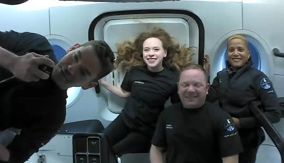 The passengers of Inspiration4 in the Dragon capsule on their first day in space. (L-R) Jared Isaacman, Hayley Arceneaux, Chris Sembroski, and Sian Proctor. (SpaceX via AP)