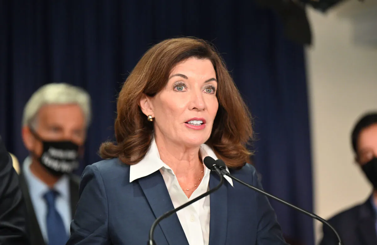 New York Gov. Kathy Hochul speaks at a signing ceremony of the “Less Is More” act, in New York, on Sept. 17, 2021. (Kevin P. Coughlin/Office of the Governor)