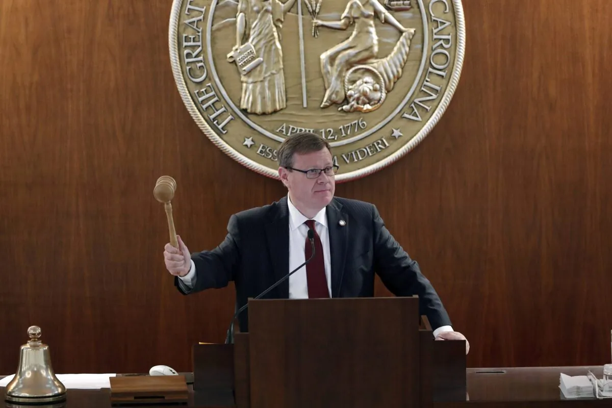 North Carolina House Speaker Tim Moore, R-Cleveland, seen here “gaveling in a session” in Raleigh, N.C., in April 2020, is the lead petitioner in Moore v Harper, which asks the U.S. Supreme Court to debate ‘independent state legislature theory.’ (Gerry Broome/AP Photo)