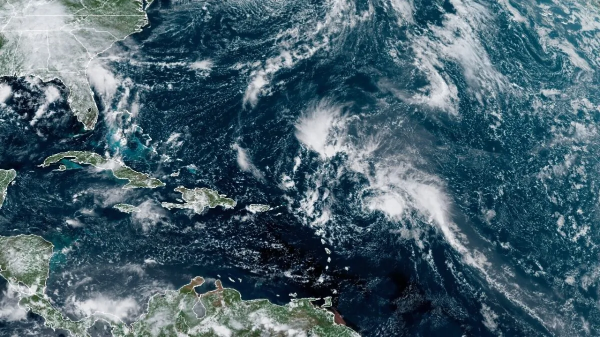 A satellite view of Tropical Storm Peter over the Atlantic Ocean at 1:40 p.m. ET on Sept. 19, 2021. (NOAA)