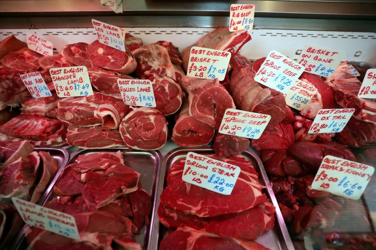 Fresh meat is displayed for sale in a butchers meat counter in Great Yarmouth, Britain, on March 21, 2018. (Hannah McKay/Reuters)