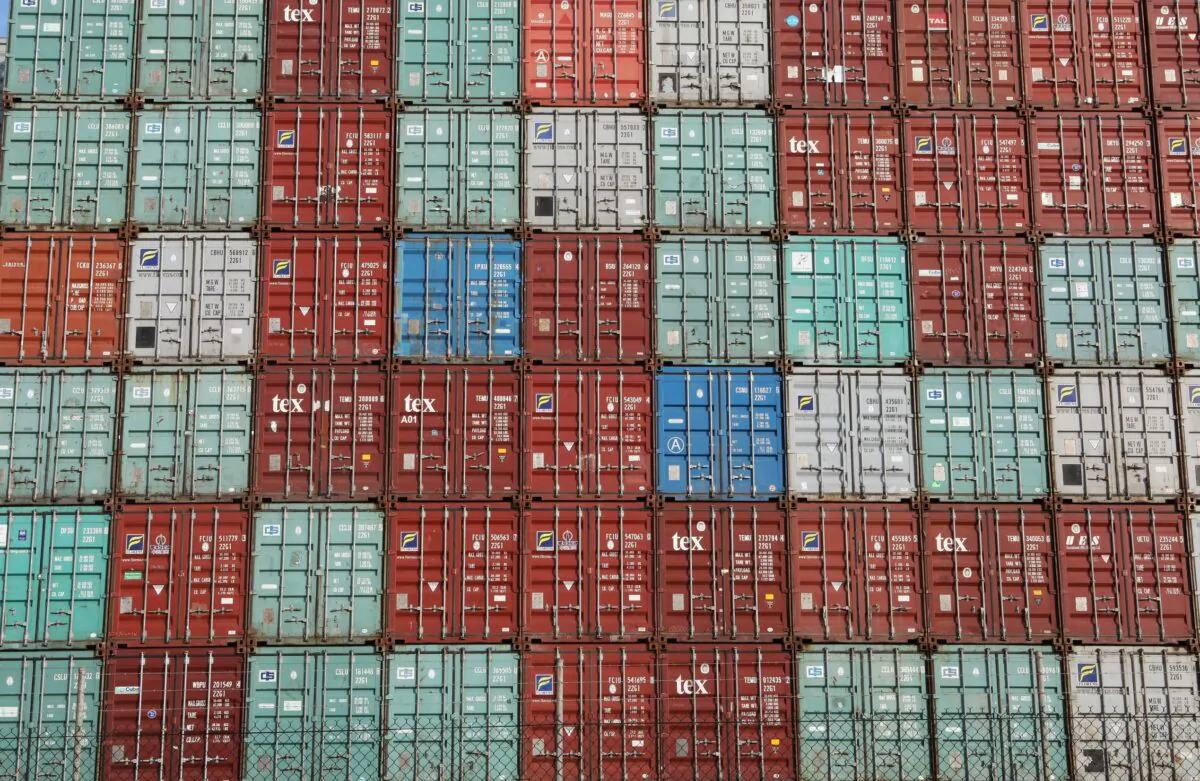 Containers are piled up at Port Botany facilities in Sydney Australia on Feb. 6, 2018. (Daniel Munoz/Reuters)
