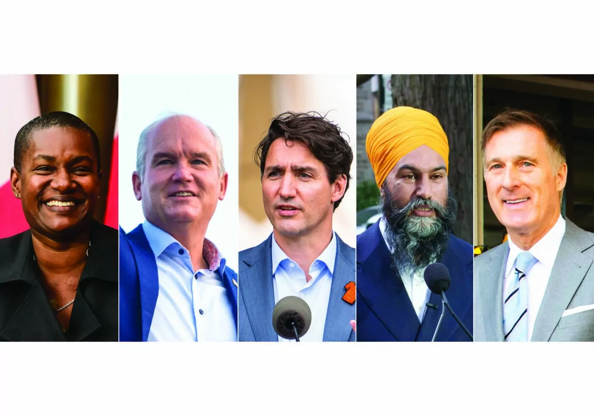 (L-R) Green Party Leader Annamie Paul, Conservative Party Leader Erin O'Toole, Liberal Party Leader Justin Trudeau, NDP Leader Jagmeet Singh, and People's Party Leader Maxime Bernier. (The Canadian Press/ Edited by The Epoch Times)