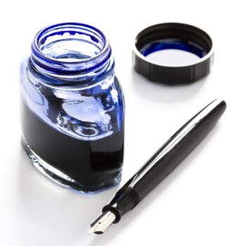 Fountain,Pen,,Bottle,Of,Blue,Ink,And,Lid