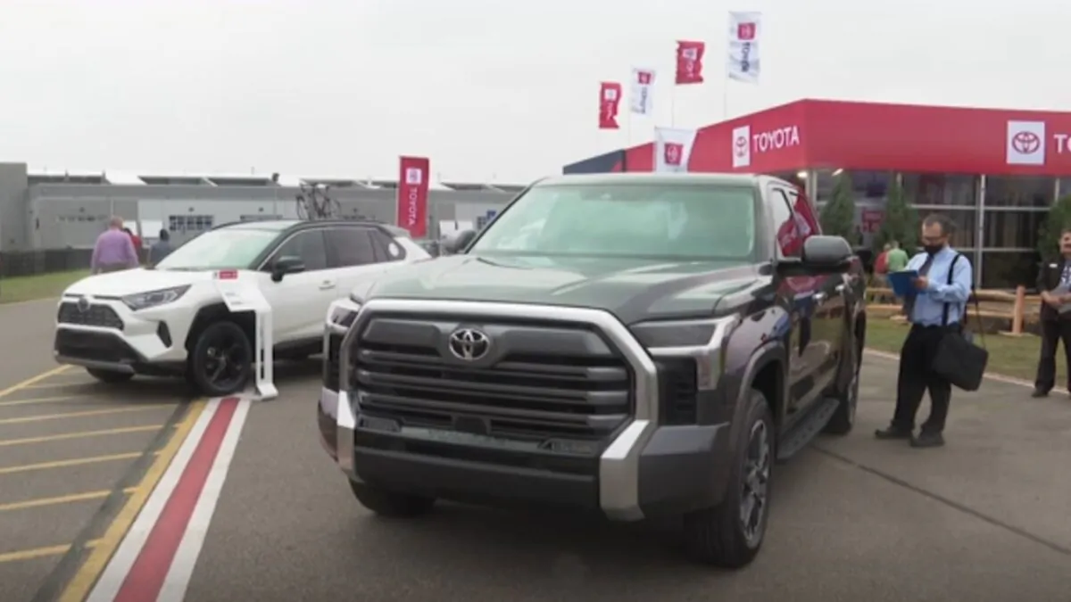 Various 2022 Toyota Tundra pickup trucks are on display at the Motor Bella auto show in Pontiac, Mich., on Sept. 21, 2021. (AP/Screenshot via The Epoch Times)