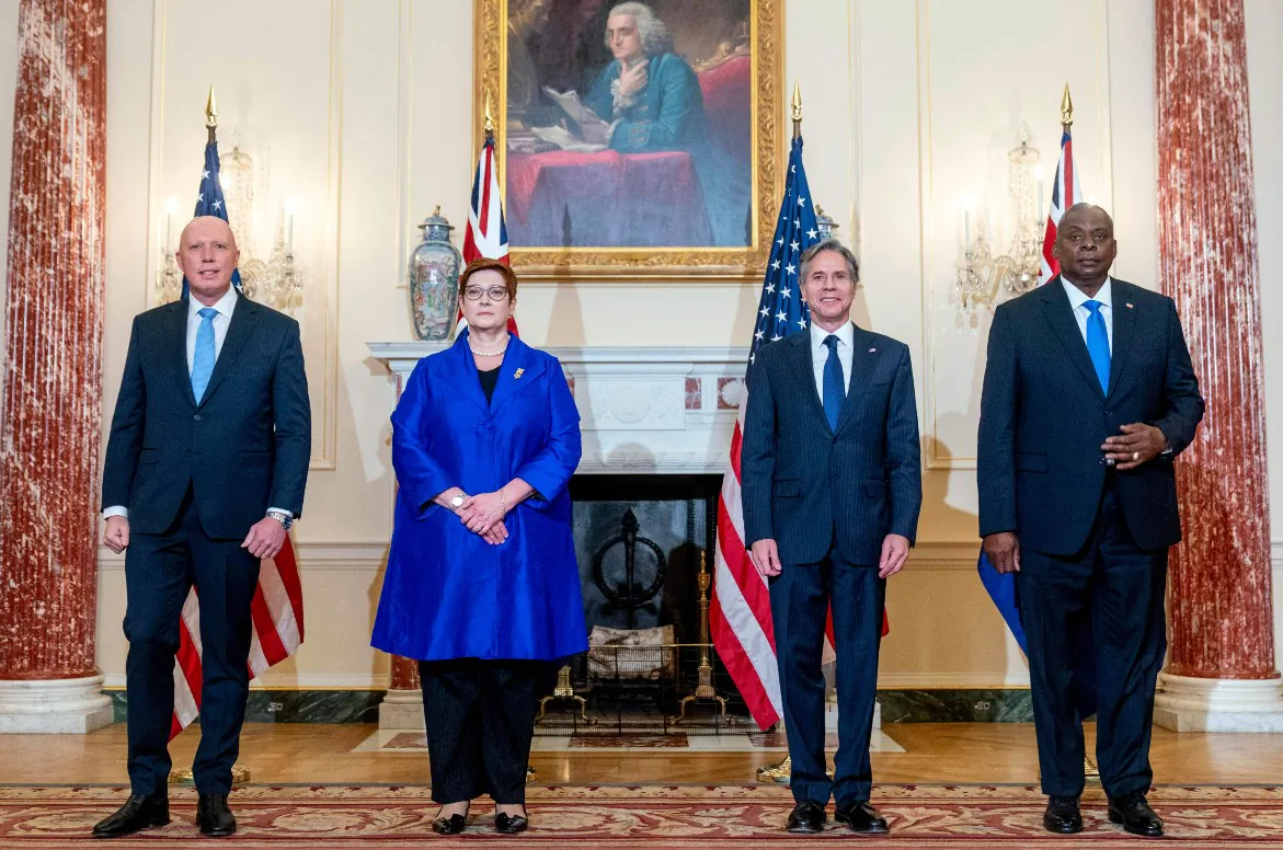 (L-R) Australian Defense Minister Peter Dutton, Foreign Minister Marise Payne, U.S. Secretary of State Antony Blinken, and U.S. Defense Secretary Lloyd Austin at the State Department in Washington, on Sept. 16, 2021. Washington announced a new alliance on Sept. 15 with Australia and Britain to strengthen military capabilities in the face of a rising China, with Canberra to get a nuclear submarine fleet and U.S. cruise missiles. (Andrew Harnik/POOL/AFP via Getty Images)