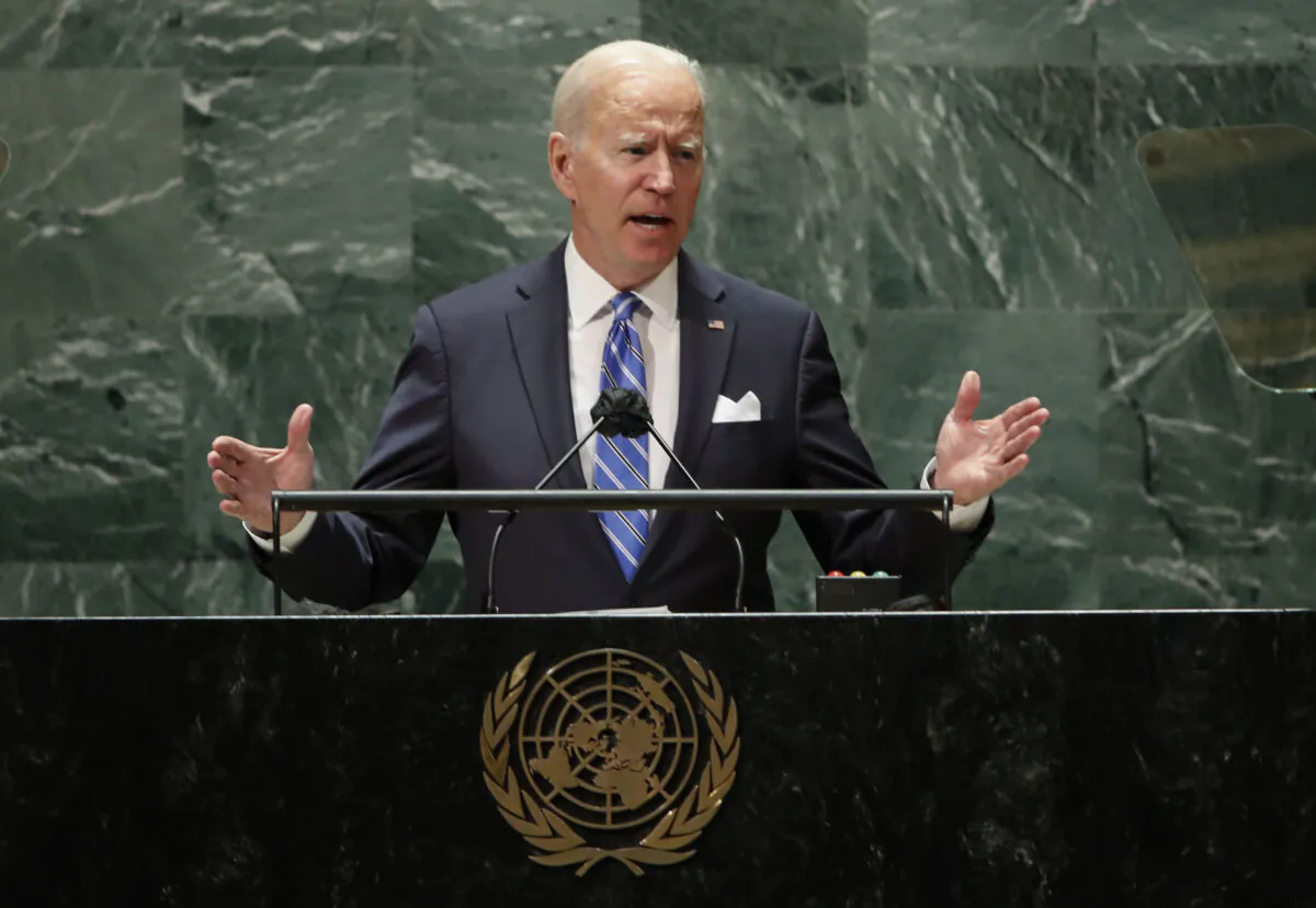 U.S. President Joe Biden speaks during the 76th Session of the United Nations General Assembly at U.N. headquarters in New York on Sept. 21, 2021. (Eduardo Munoz/Pool Photo via AP)