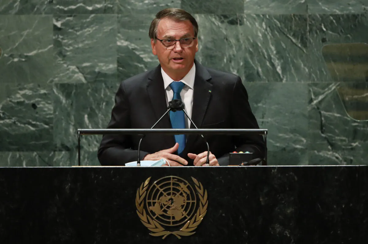 Brazil's President Jair Bolsonaro addresses the 76th Session of the U.N. General Assembly on Sept. 21, 2021, at U.N. headquarters in New York City. (Eduardo Munoz-Pool/Getty Images)