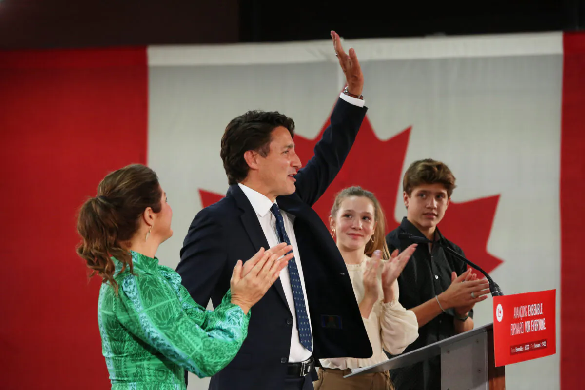 Canadian Prime Minister and Liberal Party Leader Justin Trudeau delivers his victory speech with his wife Sophie Gregoire Trudeau and children in Montreal on Sept. 20, 2021. (Dave Chan/Getty Images)
