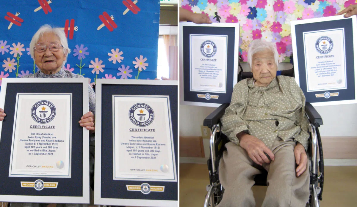 This combination of two undated photos show sisters Umeno Sumiyama (L) and Koume Kodama at separate nursing homes in Shodoshima island and Oita prefecture, Japan, which are released on Sept. 21, 2021. (Guinness World Records via AP)