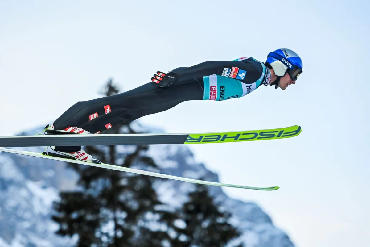 Gregor Schlierenzauer of Austria in action at the men's ski jumping FIS World Cup at the Titlisschanze in Engelberg, Switzerland, on Dec. 20, 2020. (Gian Ehrenzeller/Keystone via AP)