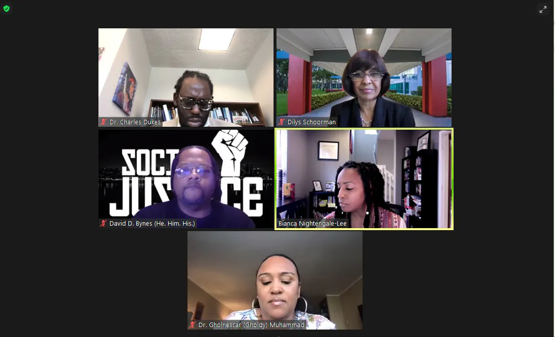 Screenshot of Sept. 20 webinar where Dr. Gholnecsar (Gholdy) Muhammad (bottom row) and professors from Florida Atlantic University teach Florida educators how to circumvent laws banning CRT in schools by layering in into the curriculum of any classroom. (Patricia Tolson/The Epoch Times)