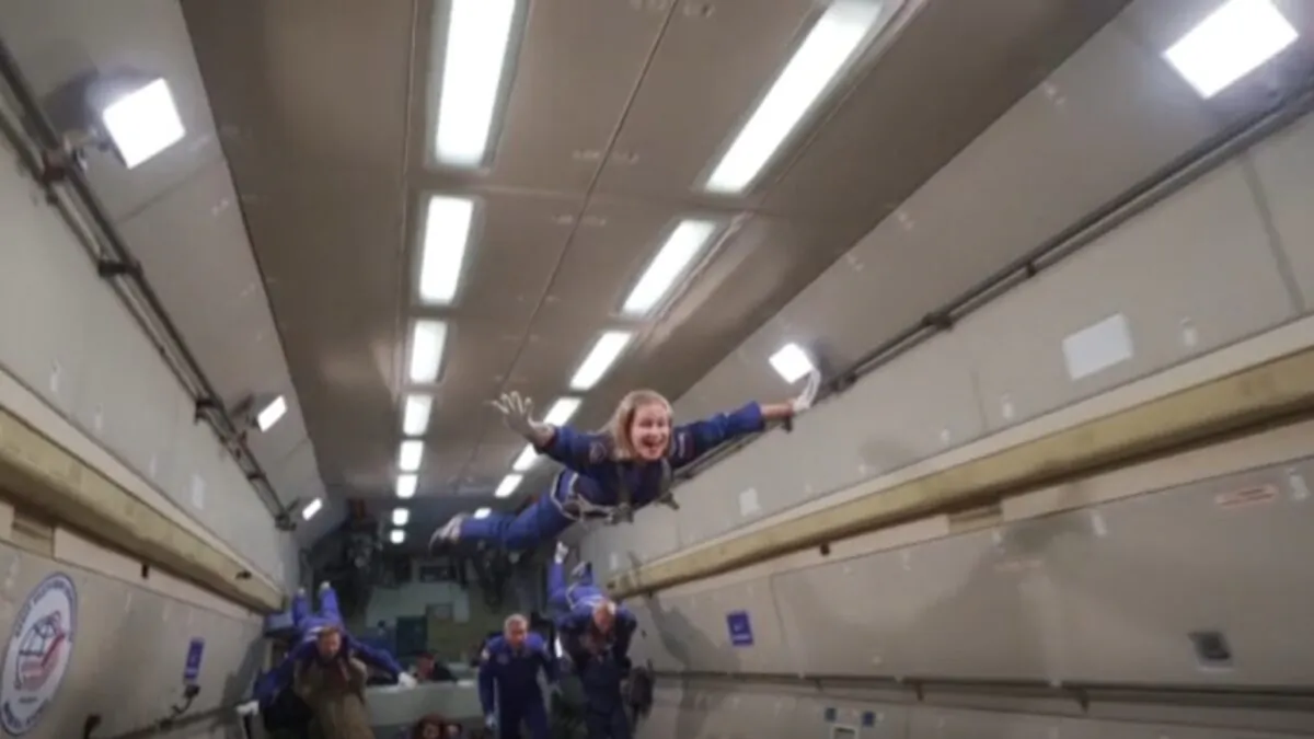 Crew members training in zero gravity conditions, in Star City, Moscow, Russia, on June 17, 2021. (Screenshot via NTD/Roscosmos/Channel One/Red Square via AP)