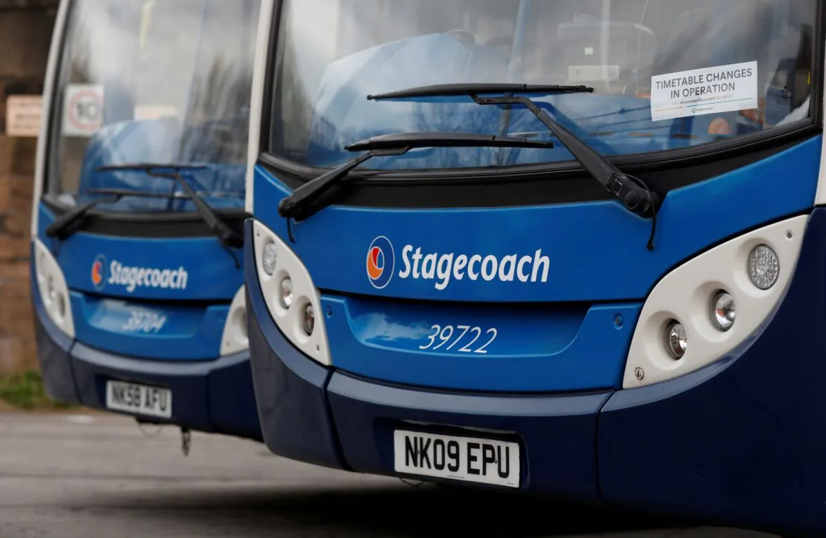 Parked busses are seen at a Stagecoach depot in South Shields as the spread of the coronavirus disease (COVID-19) continues, South Shields, Britain on April 3, 2020. (Lee Smith/Reuters)