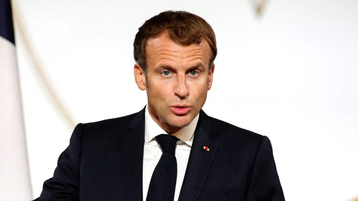 French President Emmanuel Macron delivers a speech during a collective award ceremony at the Elysee Palace in Paris, France, on Sept. 20, 2021. (Stefano Rellandini/POOL/AFP via Getty Images)