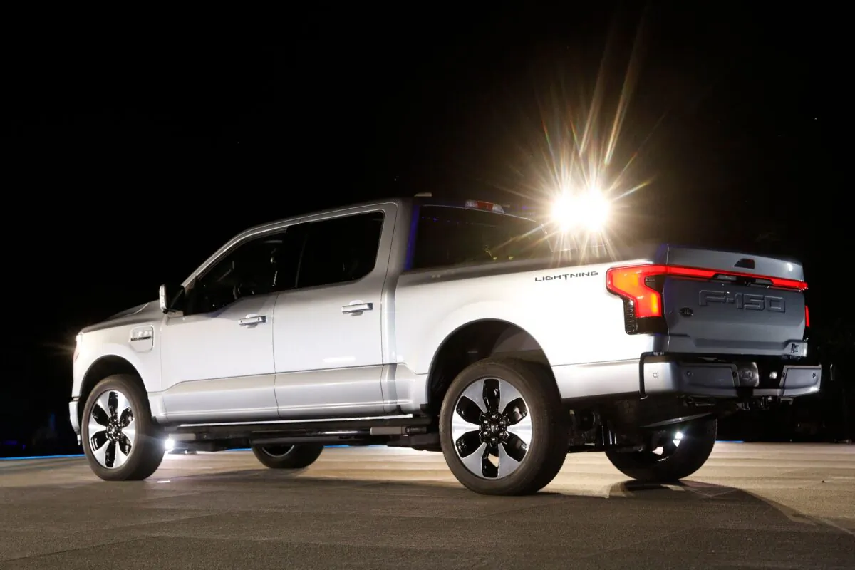 Ford Motor Company unveils its new electric F-150 Lightning outside of their headquarters in Dearborn, Michigan, on May 19, 2021.  (Jeff Kowalsky/AFP via Getty Images)