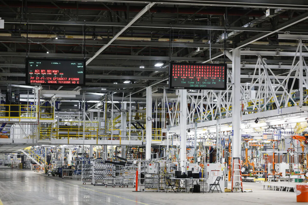 A portion of the General Motors Factory Zero, which will manufacture GMs GMC Hummer EV truck as well as other electric GM vehicles in Detroit, Michigan on August 5, 2021. (Bill Pugliano/Getty Images)