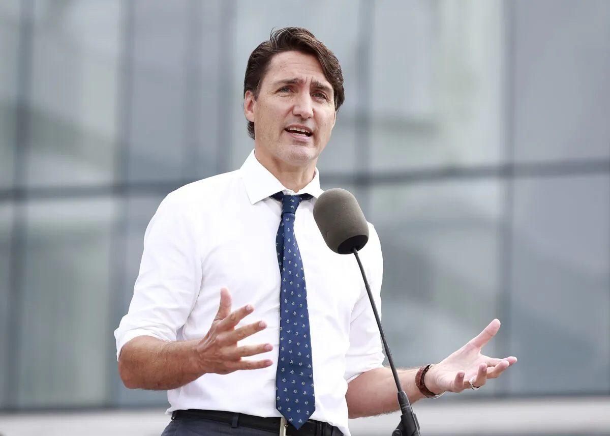 Liberal Leader Justin Trudeau makes a speech during a campaign stop in Vancouver on Sept. 13, 2021. (Jeff Vinnick/Getty Images)