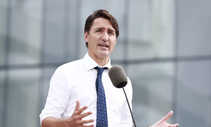 Liberal Leader Justin Trudeau makes a speech during a campaign stop in Vancouver on Sept. 13, 2021. (Jeff Vinnick/Getty Images)