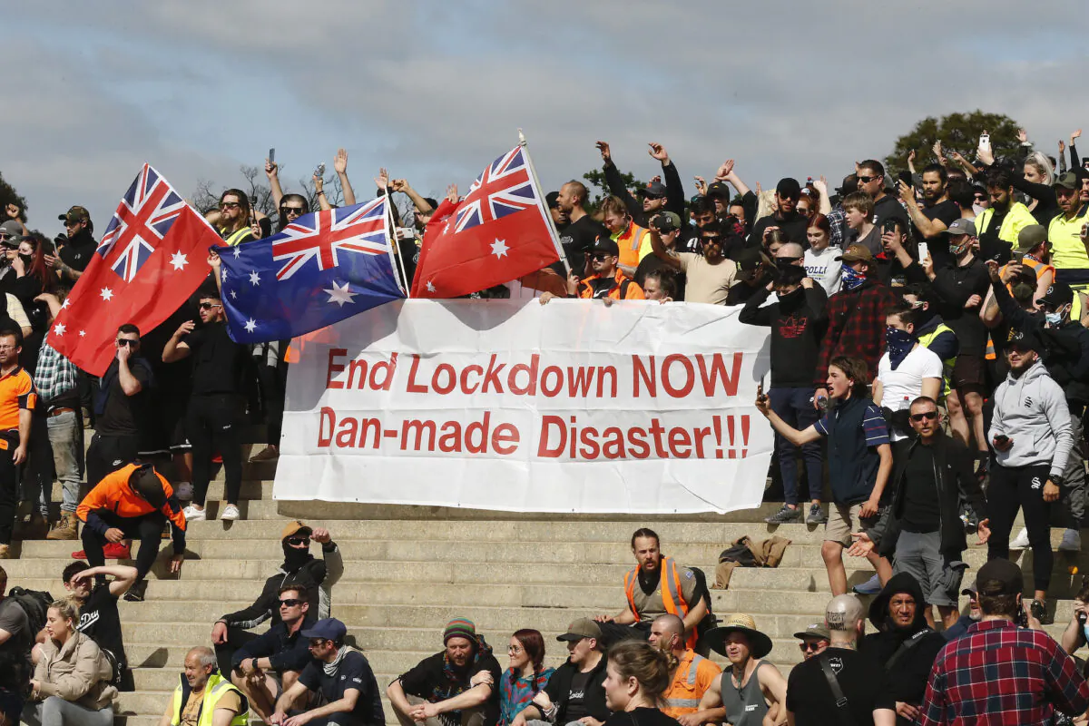 Protesters are seen at the Shrine of Remembrance in Melbourne, Australia, on Sept. 22, 2021. (Darrian Traynor/Getty Images)