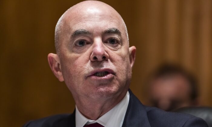 Secretary of Homeland Security Alejandro Mayorkas testifies before a Senate panel in the Dirksen Senate Office Building in Washington on Sept. 21, 2021. (Jim Lo Scalzo/Pool/Getty Images)