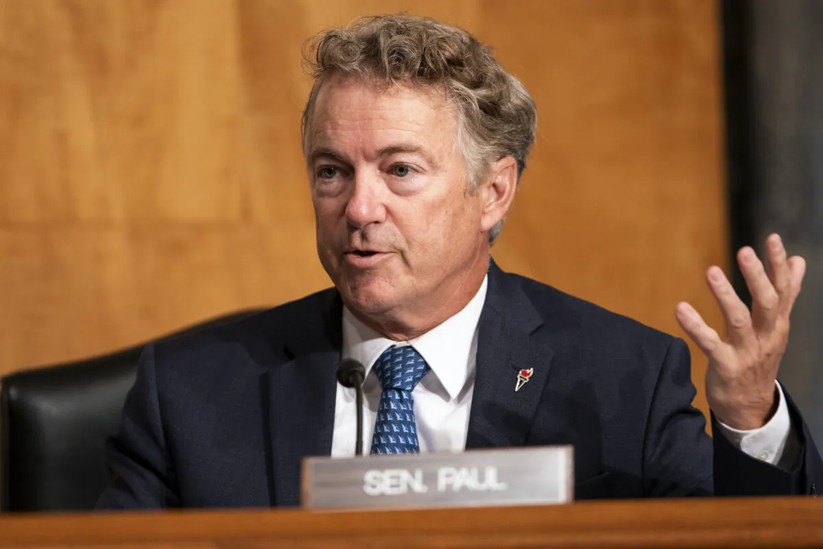 Sen. Rand Paul (R-Ky.) asks questions about FISA and Crossfire Hurricane during a Senate Homeland Security & Governmental Affairs hearing to discuss security threats 20 years after the 9/11 terrorist attacks at the U.S. Capitol in Washington, on Sept. 21, 2021. (Greg Nash - Pool/Getty Images)