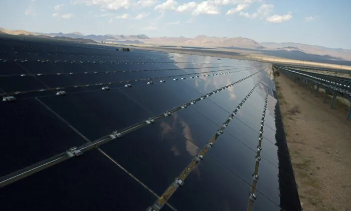 Solar panels are seen at the Desert Stateline project near Nipton, Calif., on Aug. 16, 2021. (Bridget Bennett/Reuters)