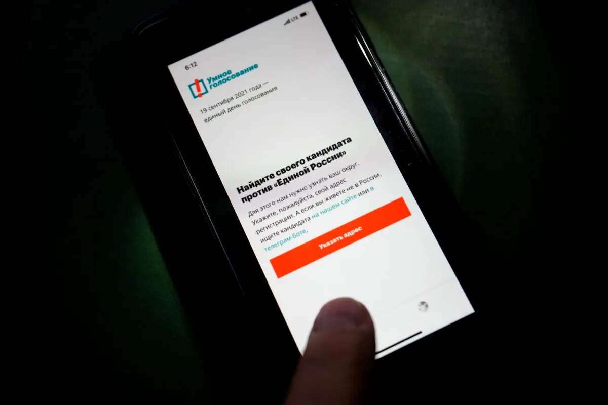 The app Smart Voting is displayed on an iPhone screen in Moscow on Sept. 17, 2021. (Alexander Zemlianichenko/AP Photo)