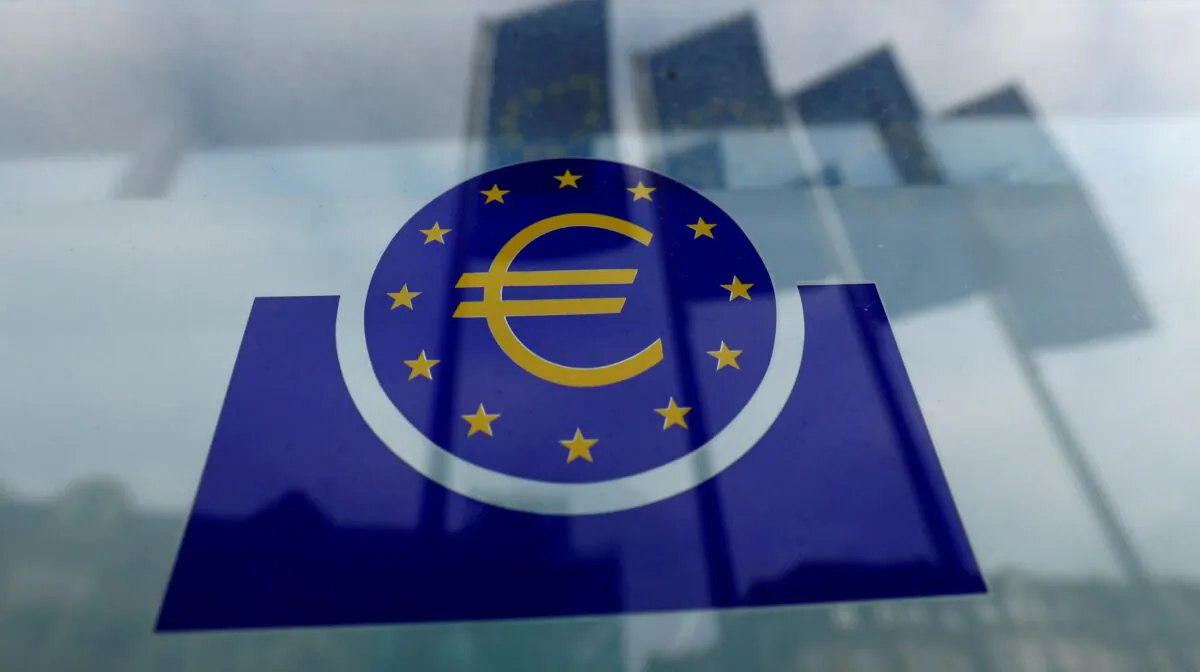 The European Central Bank (ECB) logo in Frankfurt, Germany, on Jan. 23, 2020. (Ralph Orlowski/Reuters)