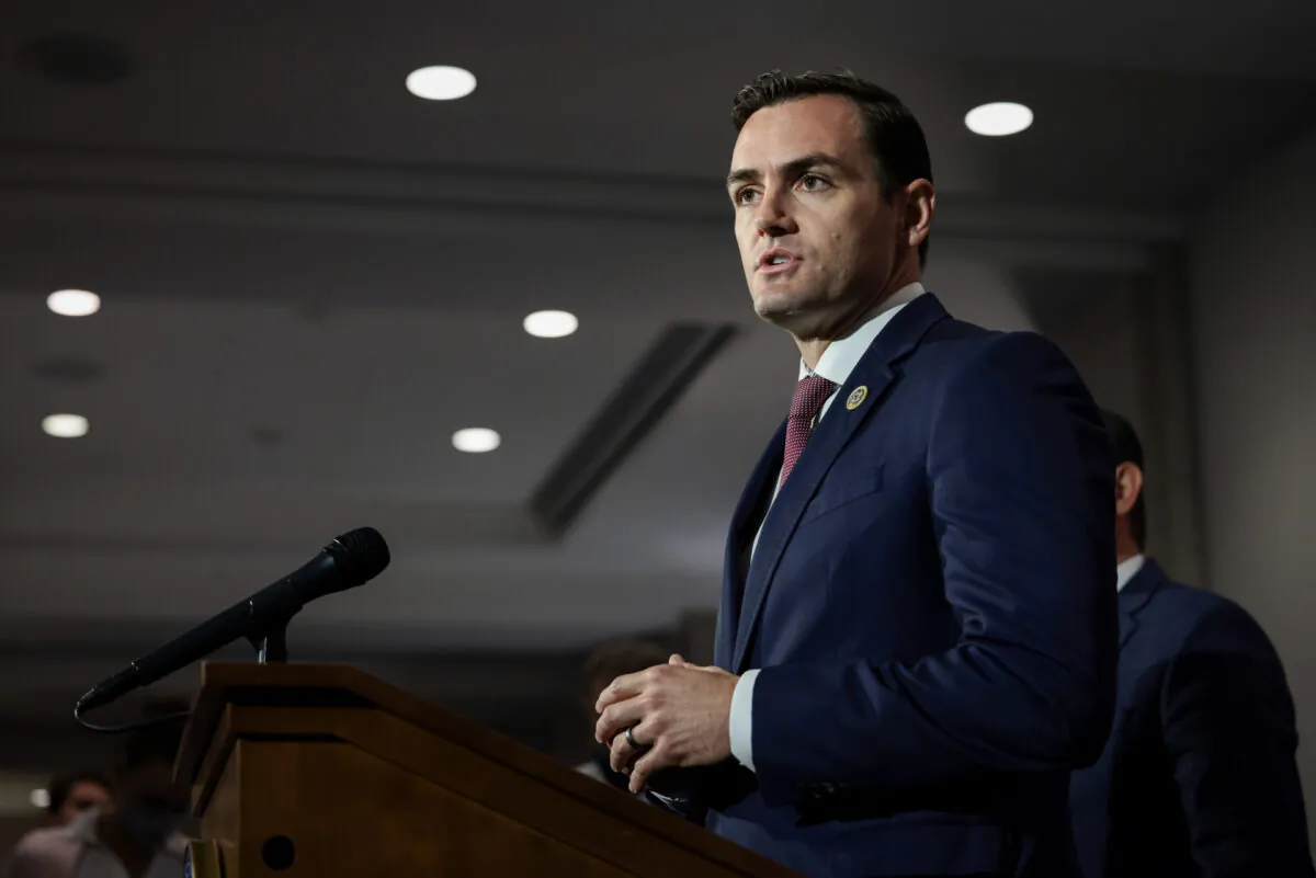 Rep. Mike Gallagher (R-Wis.) speaks to reporters after a House Republican Caucus meeting at the U.S. Capitol in Washington on Sept. 21, 2021. (Anna Moneymaker/Getty Images)
