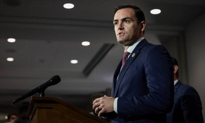 Rep. Mike Gallagher (R-Wis.) speaks to reporters after a House Republican Caucus meeting at the U.S. Capitol in Washington on Sept. 21, 2021. (Anna Moneymaker/Getty Images)