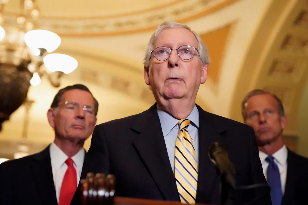 Senate Minority Leader Mitch McConnell (R-Ky.) speaks to reporters at the U.S. Capitol in Washington, on Sept. 21, 2021. (Elizabeth Frantz/Reuters)