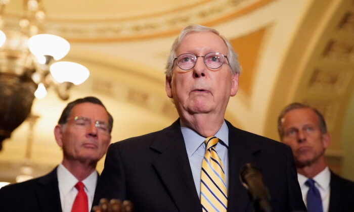 Senate Minority Leader Mitch McConnell (R-Ky.) speaks to reporters at the U.S. Capitol in Washington, on Sept. 21, 2021. (Elizabeth Frantz/Reuters)