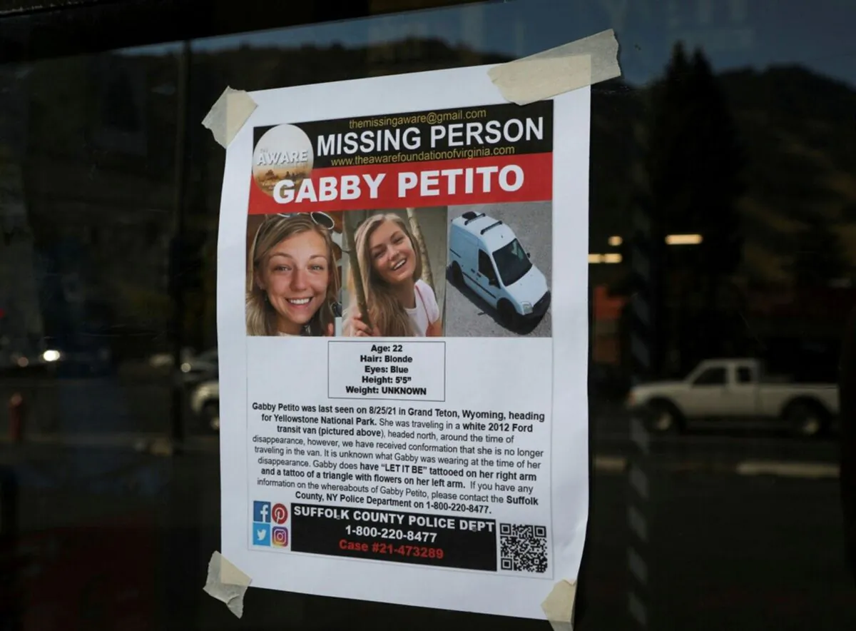 A Suffolk County Police Department missing person poster for Gabby Petito is seen in Jackson, Wyo., on Sept. 16, 2021. (Amber Baesler/AP Photo)
