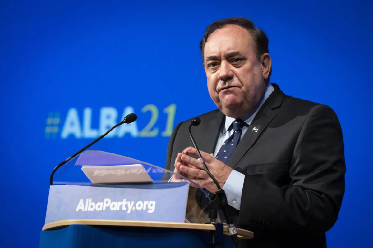 Alex Salmond delivers his leaders speech during the first annual conference for the Alba Party at Greenock Town Hall, Greenock, Inverclyde, Scotland, on Sept. 12, 2021. (Jane Barlow/PA)