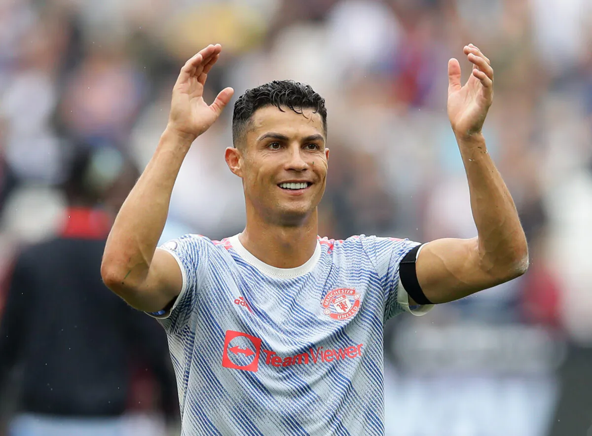 Manchester United's Cristiano Ronaldo celebrates after the match between West Ham United and Manchester United at The London Stadium in east London on Sept. 19, 2021. (David Klein/Reuters)
