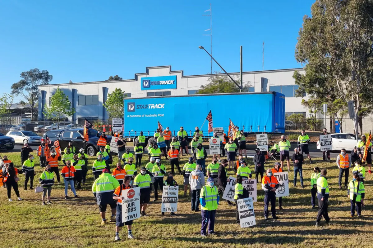 StarTrack workers on strike in Sydney after crisis talks failed in Sydney, Australia on Sept. 23, 2021. (AAP Image/Supplied by Transport Workers Union)