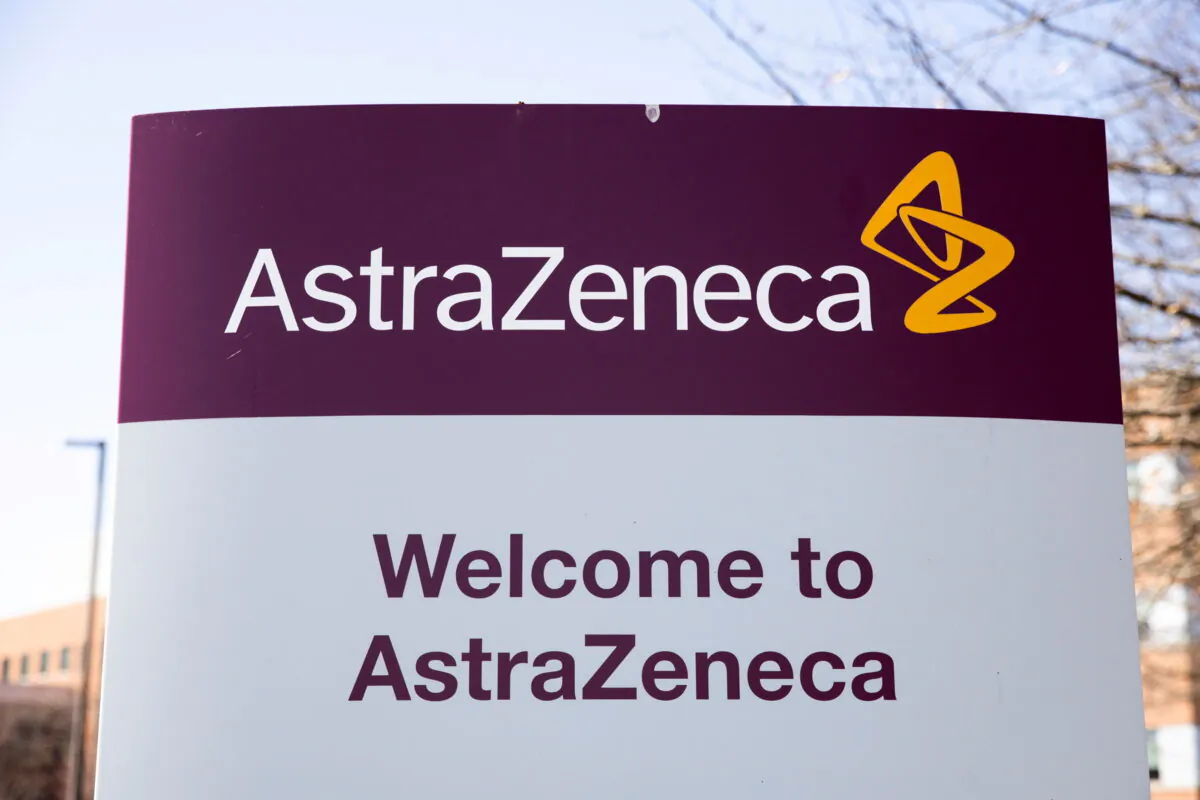 The logo for AstraZeneca is seen outside its North America headquarters in Wilmington, Del., on March 22, 2021. (Rachel Wisniewski/Reuters)