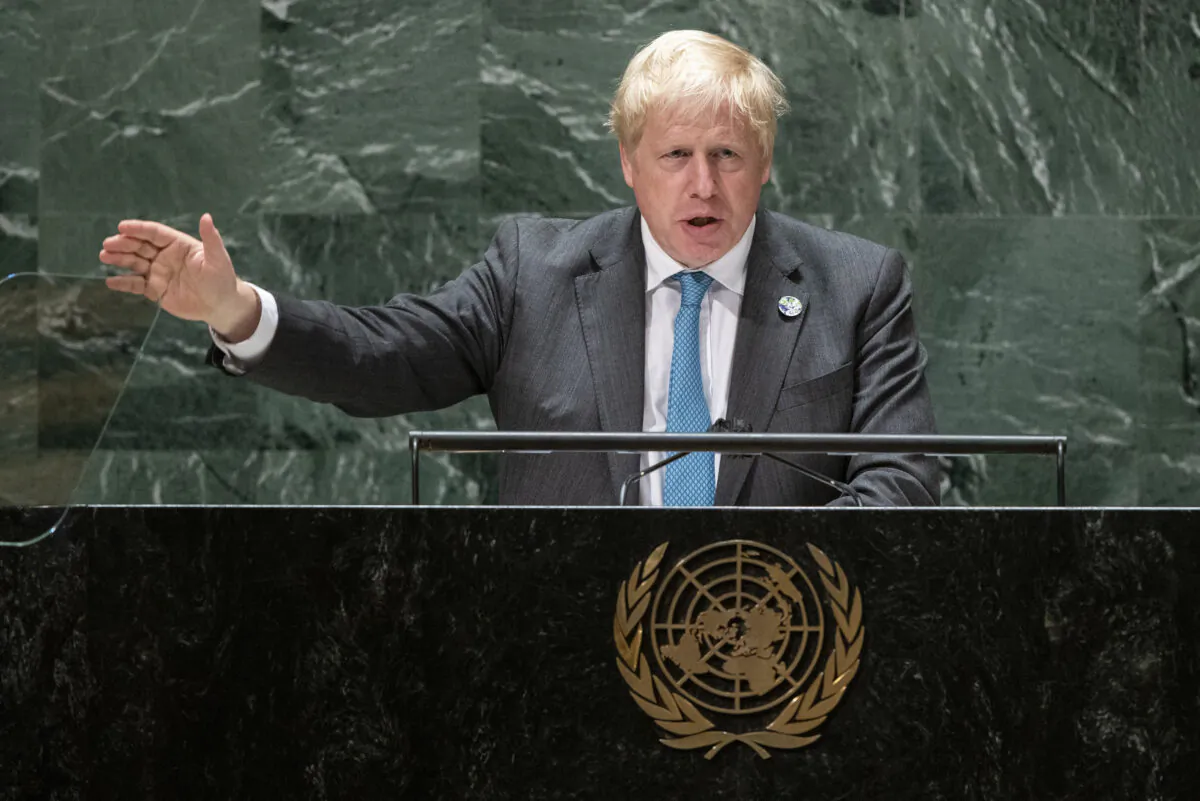 British Prime Minister Boris Johnson addresses the 76th Session of the U.N. General Assembly in New York City on Sept. 22, 2021. (Eduardo Munoz - Pool/Getty Images)