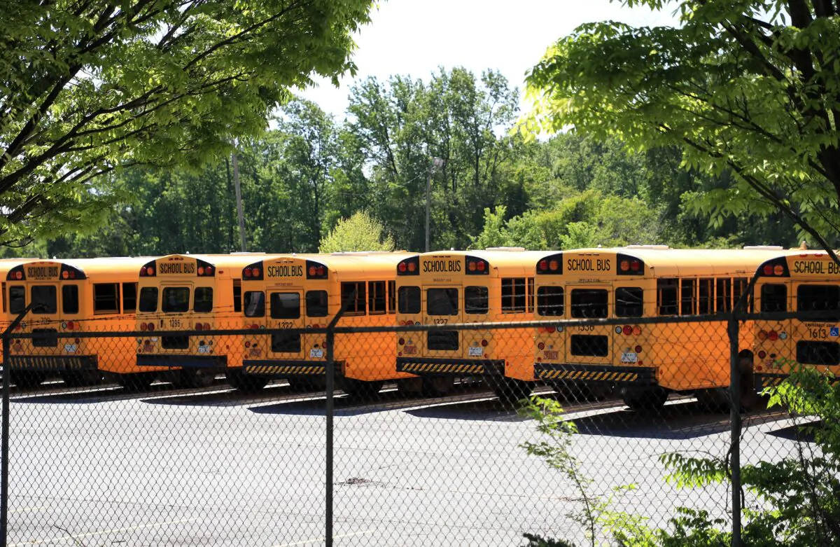 Parked school buses sit in a lot during the COVID-19 pandemic in Charlotte, North Carolina, on April 21, 2020. (Streeter Lecka/Getty Images)