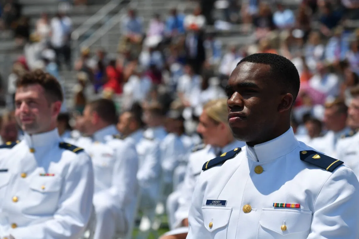 Members of the US Coast Guard attend the US Coast Guard Academy’s 140th commencement exercises in New London, Connecticut on May 19, 2021. (Nicholas Kamm/AFP via Getty Images)