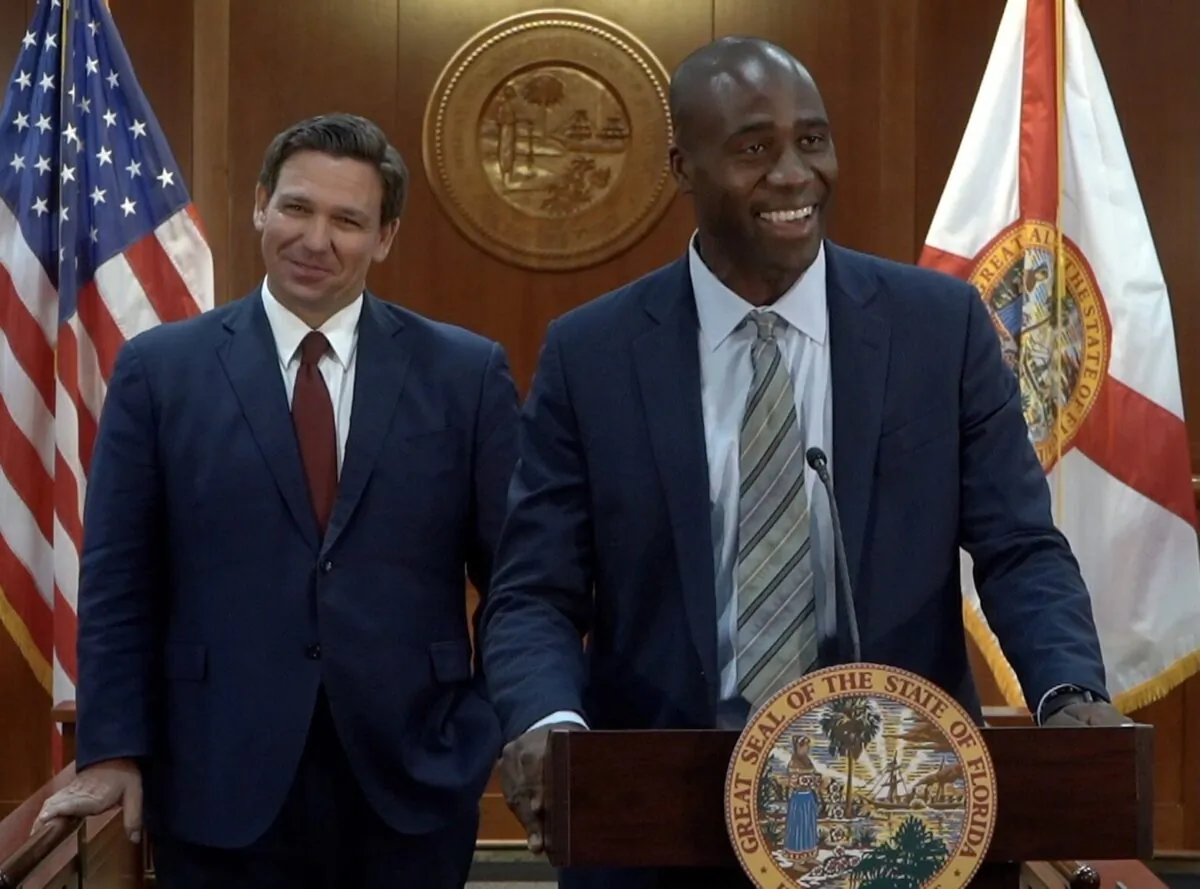 Gov. Ron DeSantis with Joseph Ladapo when the latter became Florida's new surgeon general, on Sept. 21, 2021. (Courtesy of Governor's Press Office)