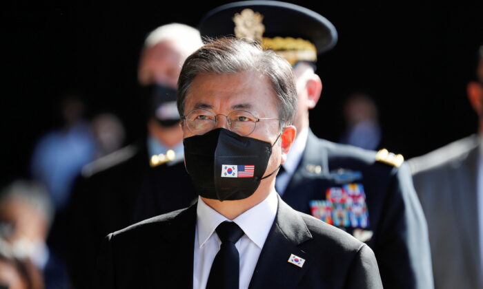 South Korea's President Moon Jae-in attends the first joint repatriation ceremony for Korean War remains at Joint Base Pearl Harbor-Hickam near Honolulu, Hawaii, on Sept. 22, 2021. (Marco Garcia/Reuters File Photo)