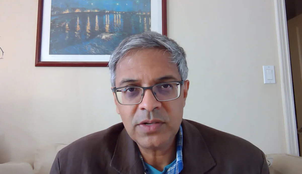 Stanford University's Dr. Jay Bhattacharya speaks remotely with The Epoch Times on COVID-19 data and criticism from other faculty, on Sept. 21, 2021. (Cynthia Cai/The Epoch Times)